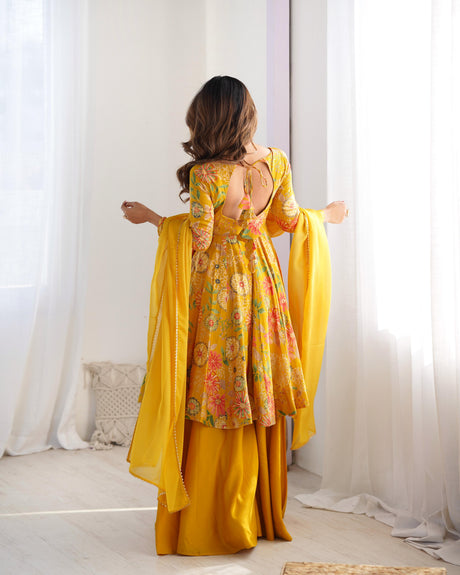 Yellow Silk Anarkali with Palazzo and Dupatta Set