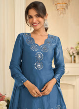 Blue Tora Silk Embroidered Mirror Work Thread Palazzo Suit Festive Wear