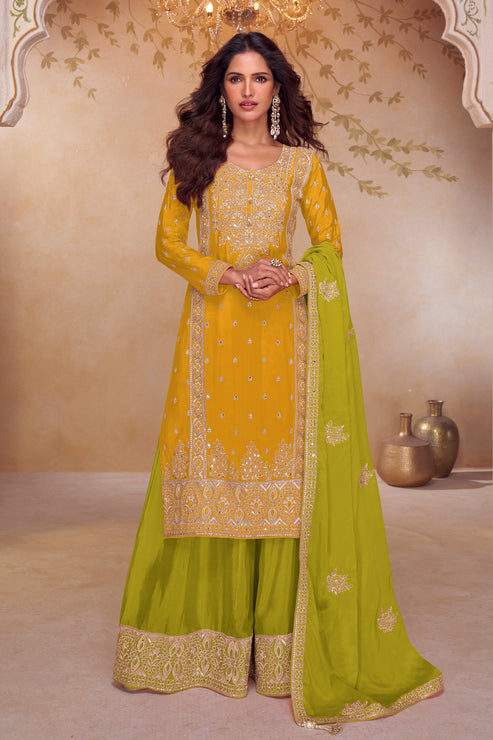 Yellow Chinon Embroidered  Suit