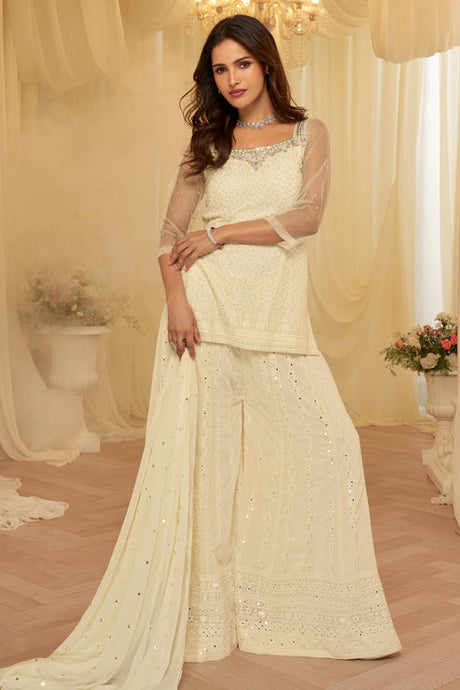 Off White  Embroidered Georgette Sharara Suit