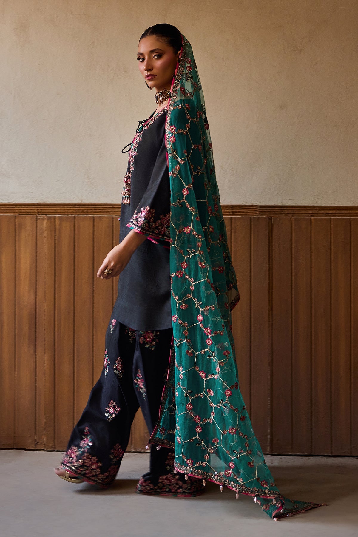 3-PC Embroidered Raw-Silk Suit By Charizma