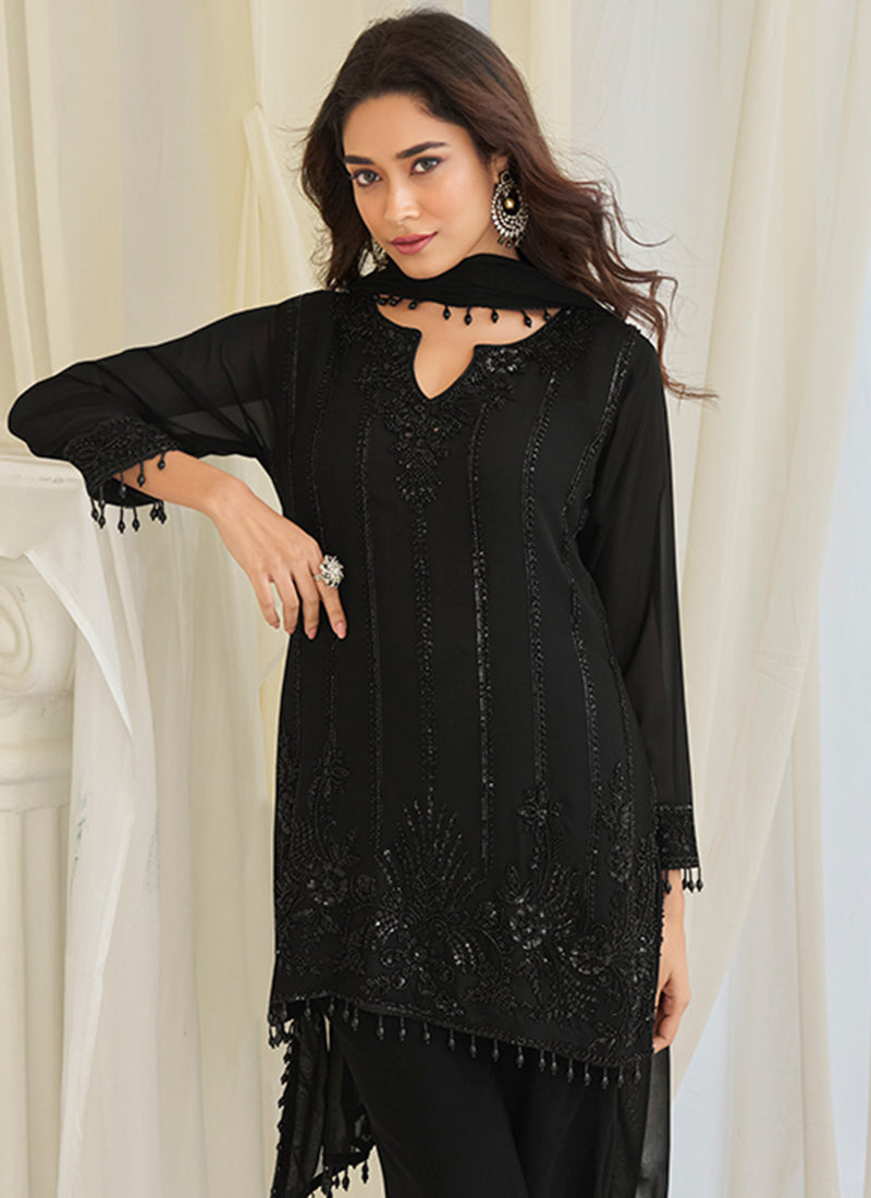 Black Chinon Silk Embroidery Work Festival wear Salwar Suit