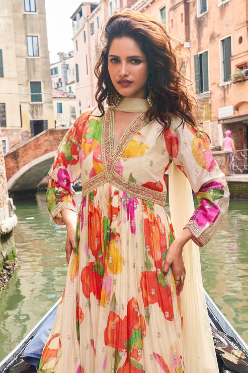 Cream Chinon Silk Gown with Dupatta