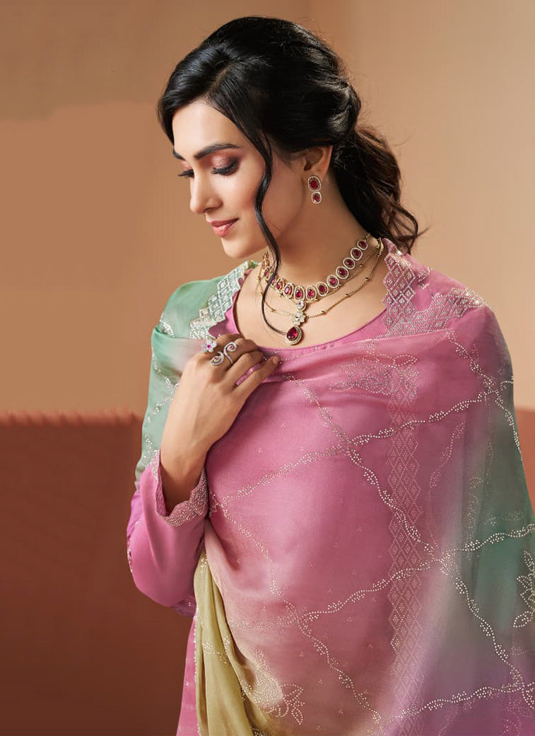 Premium Chinon with beautiful embroidery and hand work
