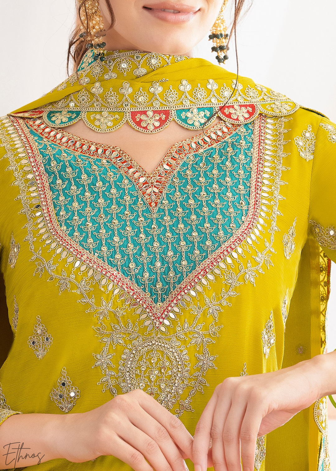 Lime Green Resham Embroidered Chinon Palazzo Suit