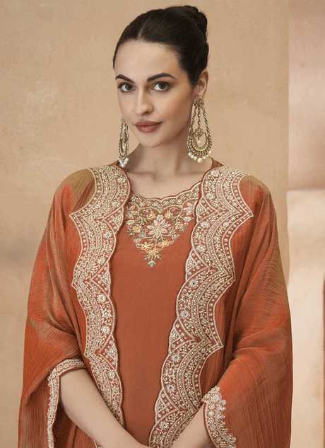 Rust Orange Designer Party Wear Embroidered Palazzo Suit