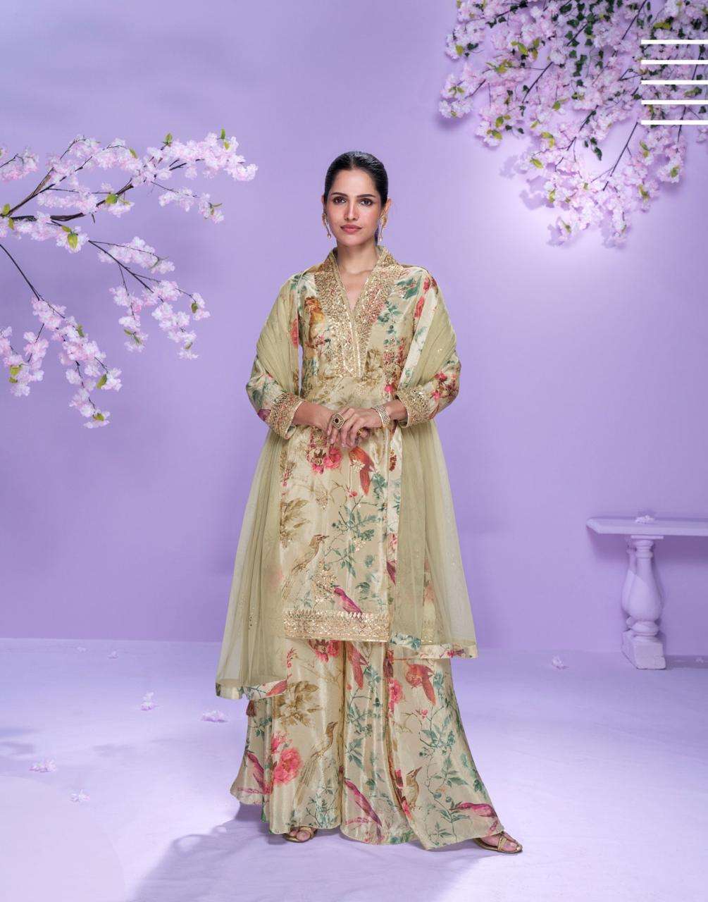 Beige Floral Chinon Silk Palazzo Suit