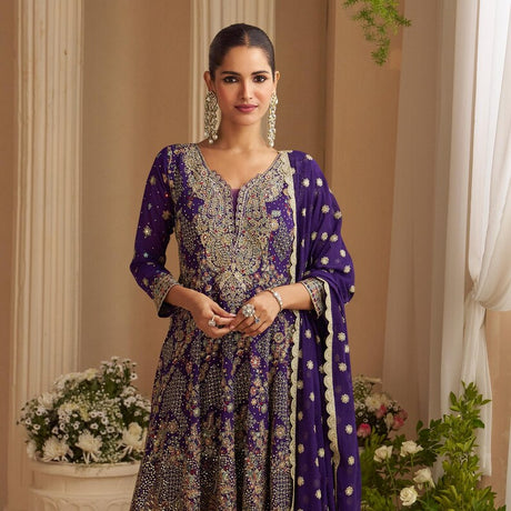 Violet Purple Embroidered Function Wear Palazzo Suit