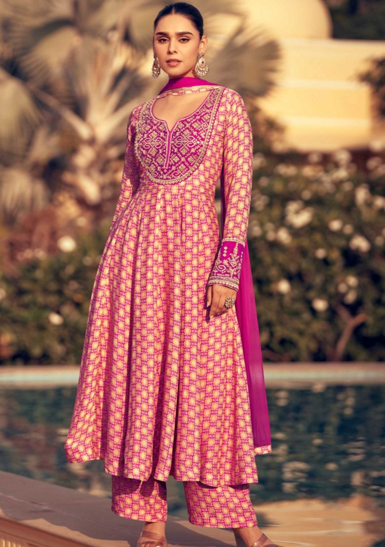 Pink Embroidered Chinon Silk Anarkali With Dupatta