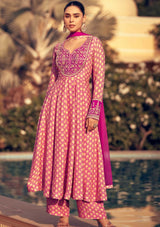 Pink Embroidered Chinon Silk Anarkali With Dupatta
