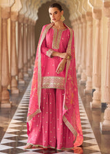 Pink Premium Chinnon Silk Festive Wear Gharara Suit