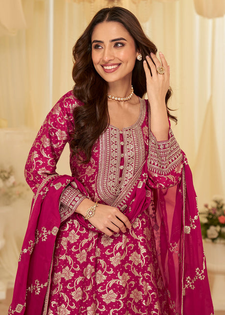 Pink Viscose Jacquard Silk With Embroidery Work Anarkali Suit
