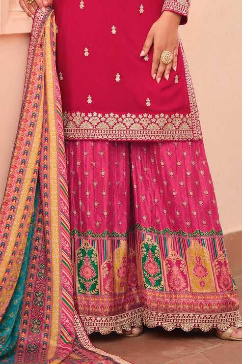 Pink Embroidered Chinon Silk Kurta