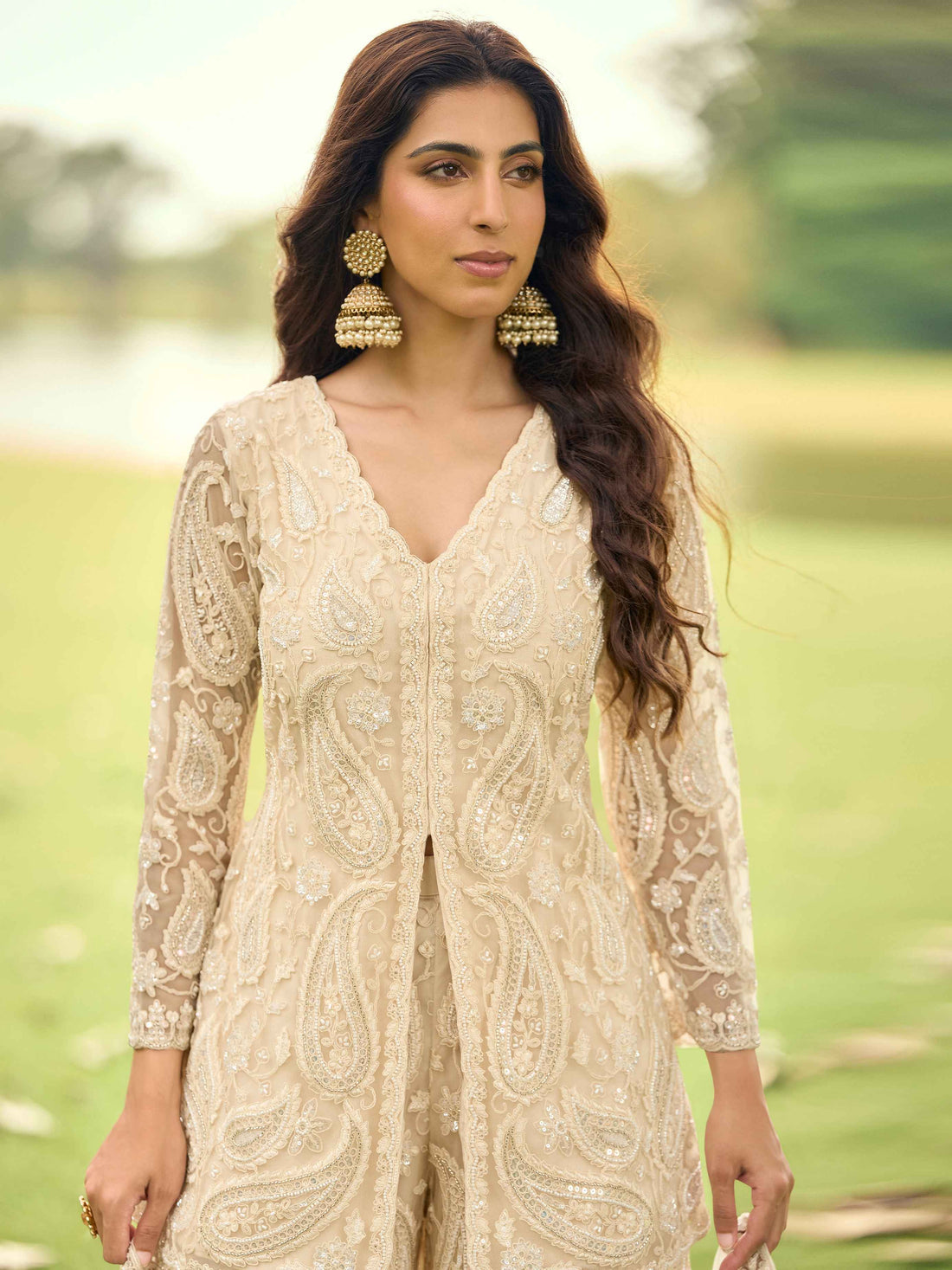 Champagne Beige Net Embroidered Long Kurta Palazzo Suit with Dupatta