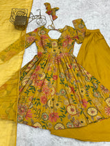 Yellow Silk Anarkali with Palazzo and Dupatta Set