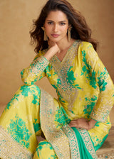Lemon Yellow Chinon Silk With Palazzo Suit