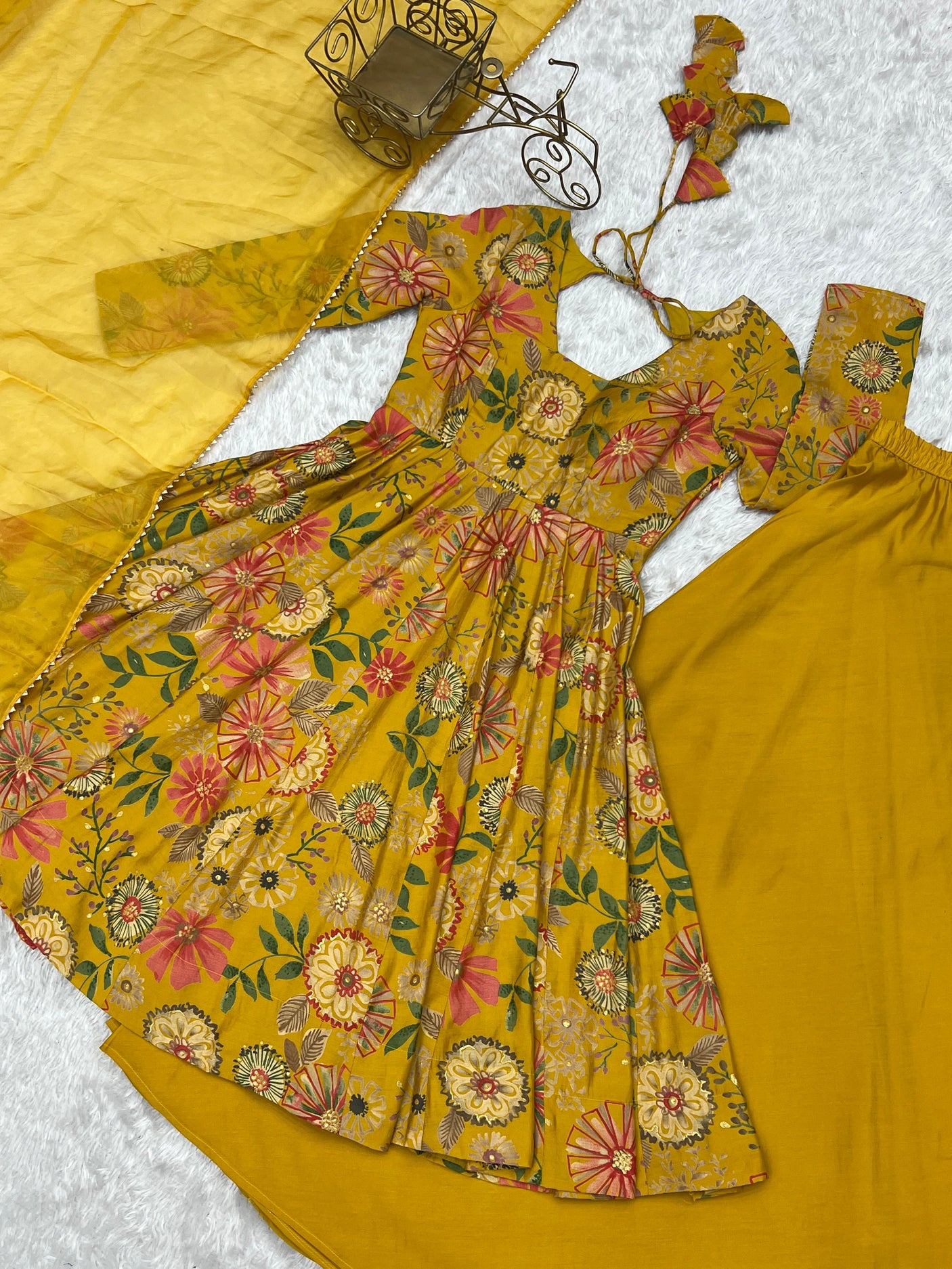 Yellow Silk Anarkali with Palazzo and Dupatta Set