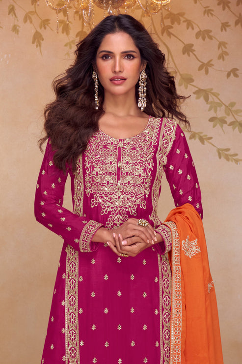 Red Chinon Embroidered  Suit