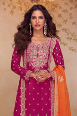 Red Chinon Embroidered  Suit