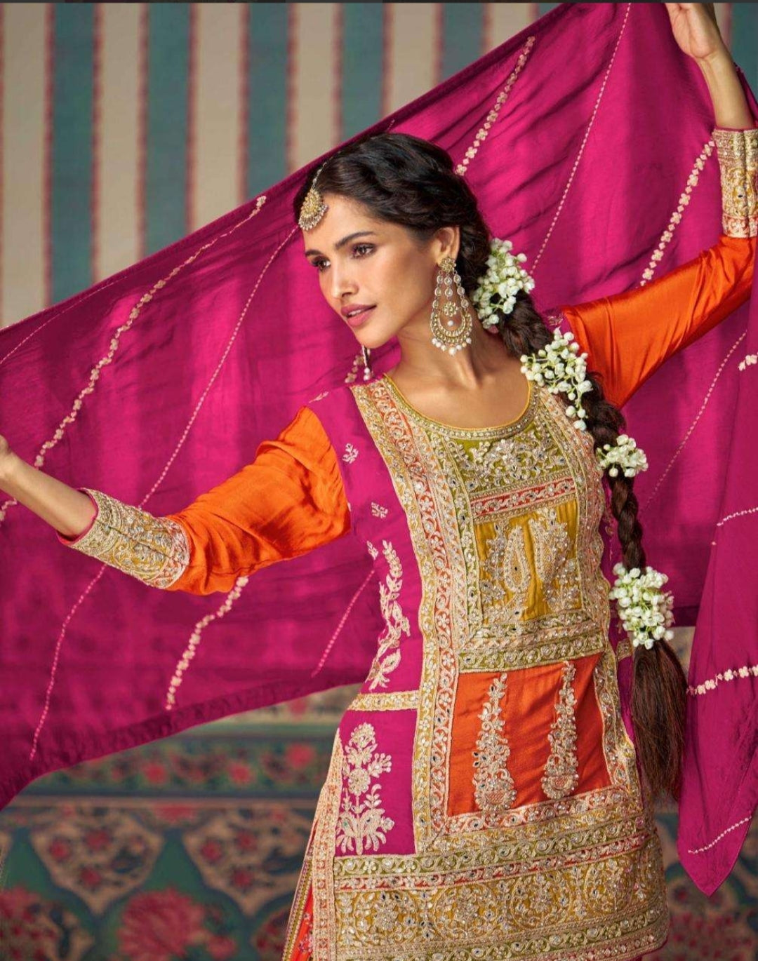 Embroidered Chinon Silk Kurta With Plazzo & Dupatta