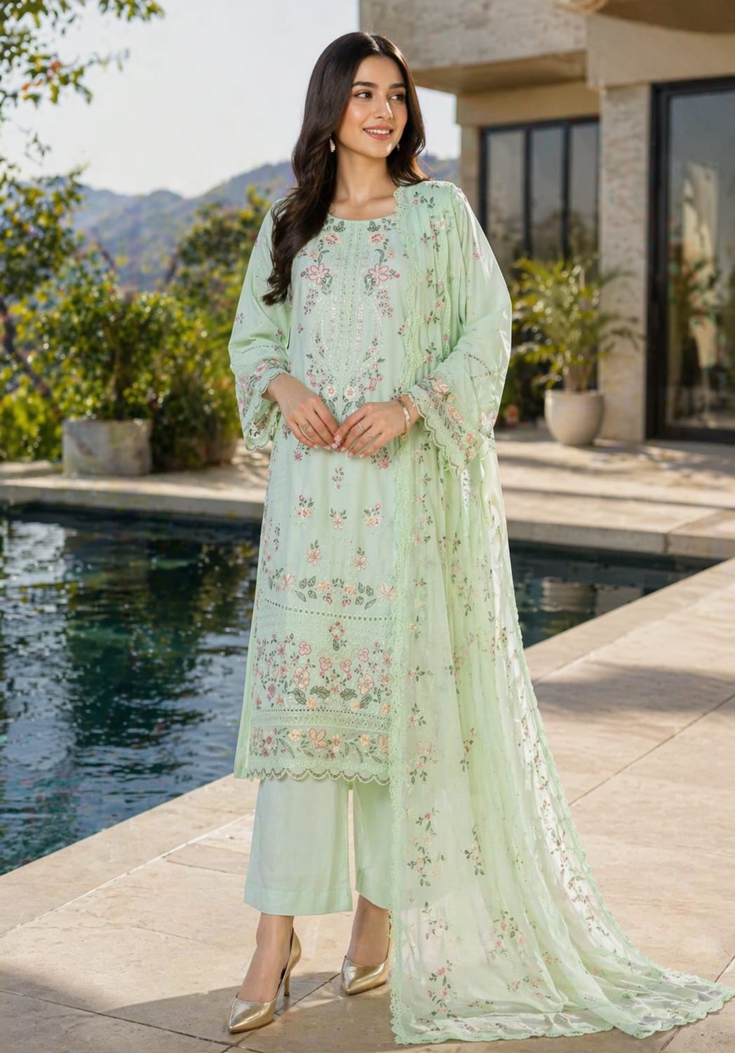 Bin Saeed Luxury Embroidered Lawn With Chiffon Dupatta