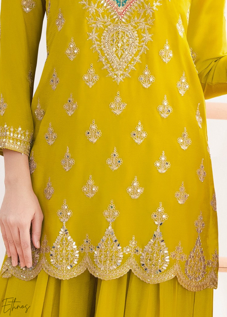Lime Green Resham Embroidered Chinon Palazzo Suit