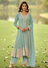 Real Georgette Light Blue Anakali Style Pant Suit