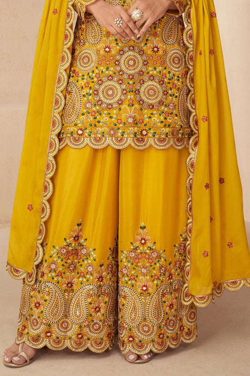 Yellow Embroidered Chinon Suit
