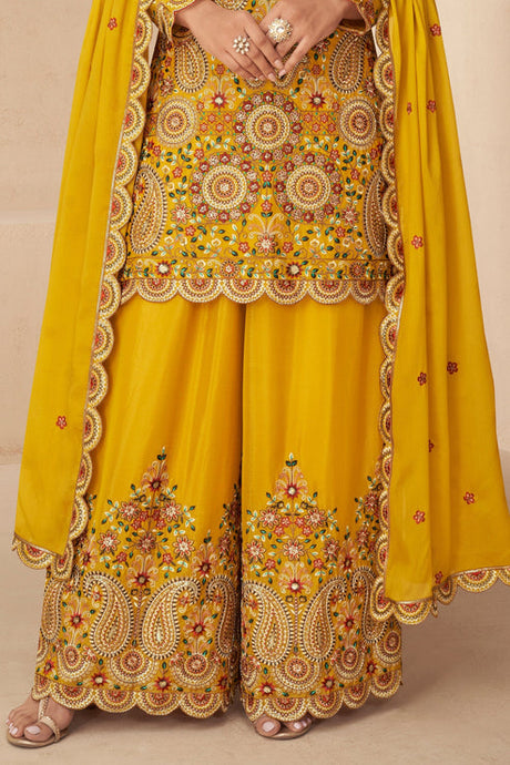 Yellow Embroidered Chinon Suit
