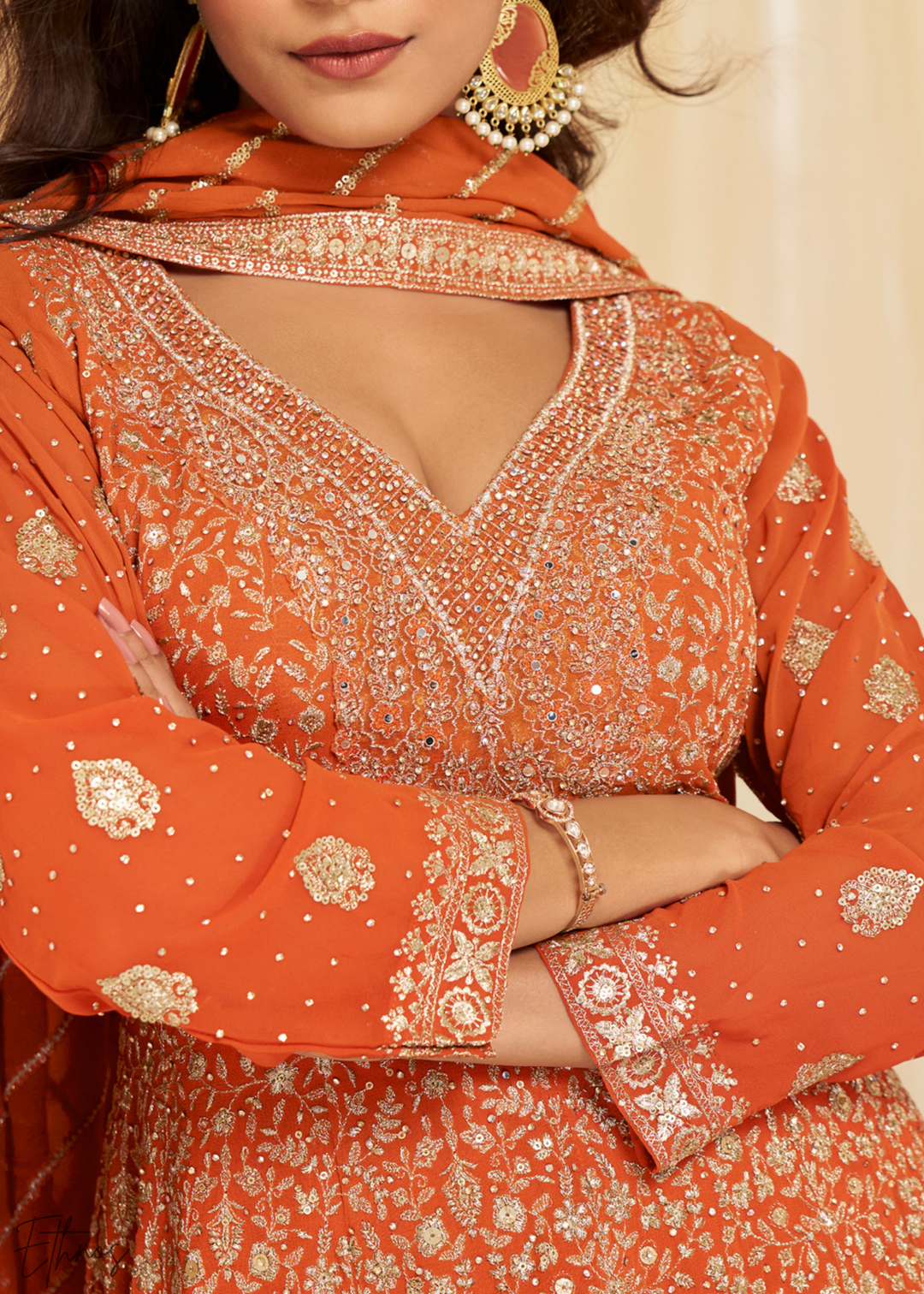 Orange Georgette Embroidered Anarkali Suit Set