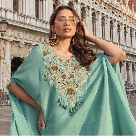 Mint Green Crepe Silk Zari Beads Sequins Zardosi