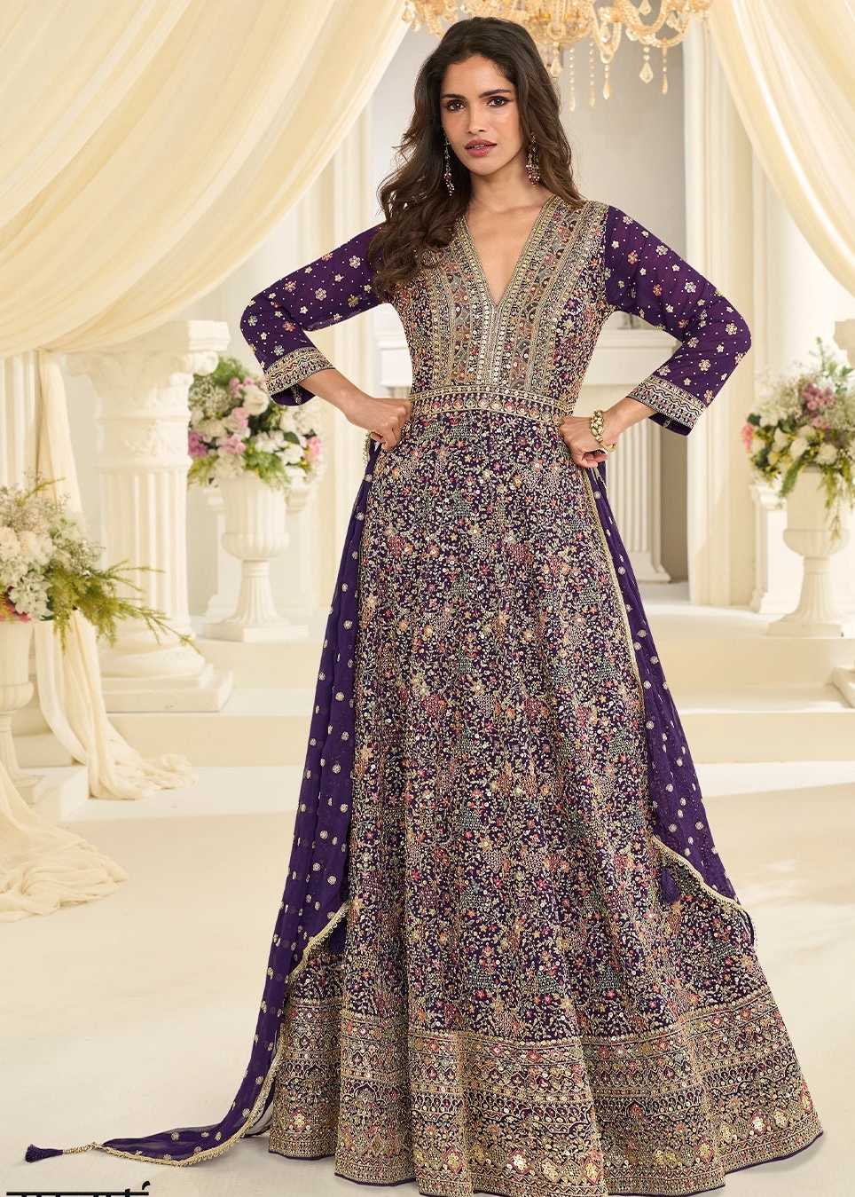 PURPLE GEORGETTE ANARKALI GOWN WITH ALL-OVER ZARKAN EMBROIDERY