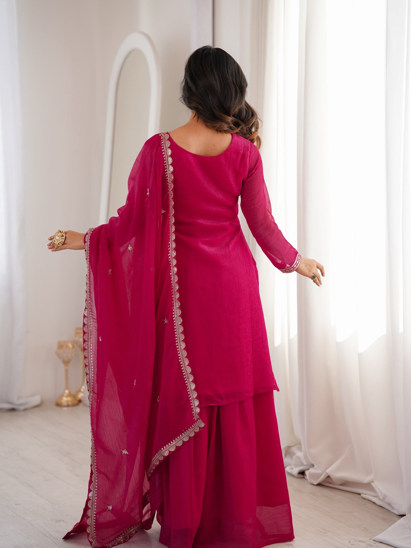 Dark Pink Embroidered Kurta With Flowy Palazzo