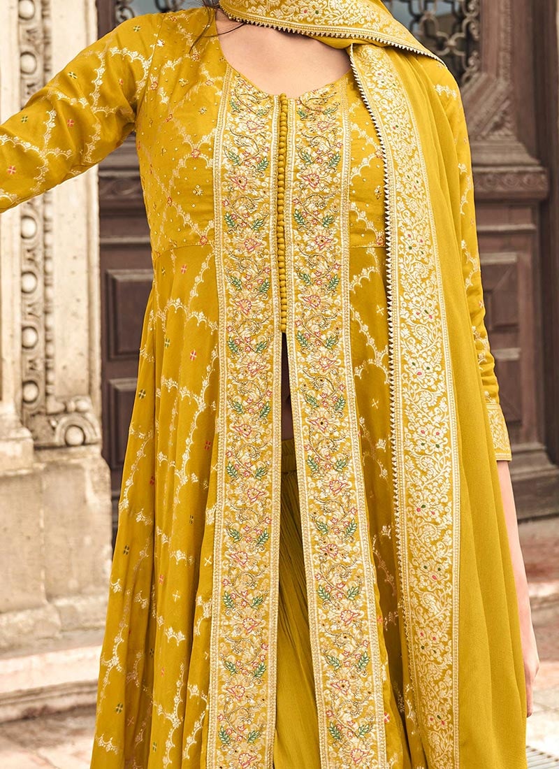 Mustard Jacquard Silk Embroidered High Slit Palazzo Suit Wedding Wear