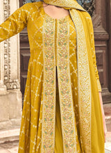 Mustard Jacquard Silk Embroidered High Slit Palazzo Suit Wedding Wear
