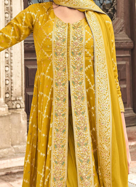 Mustard Jacquard Silk Embroidered High Slit Palazzo Suit Wedding Wear