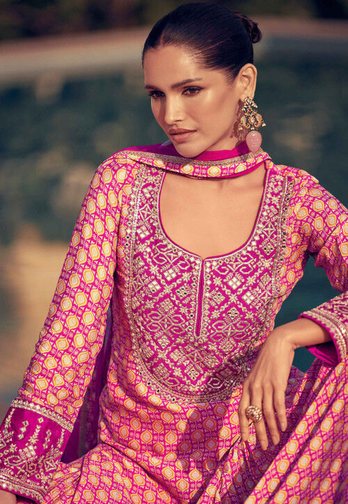 Digital Printed Chinon Silk Suit in Pink