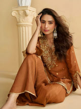 Embroidered Chinon Silk Salwar Suits with Palazzo & Dupatta