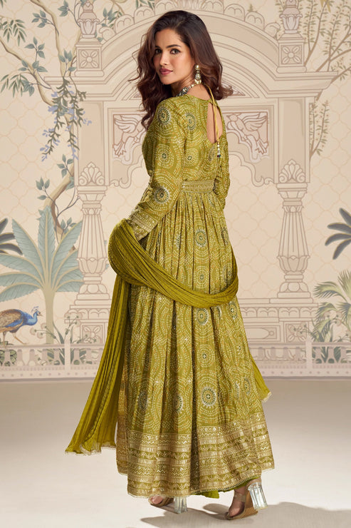 Green Embroidered Chinon Silk Suit