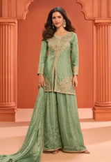 Green Embroidered Stylish Silk Sharara Suit