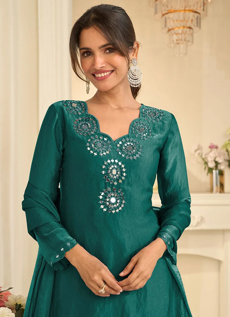 Teal Green Tora Silk Embroidered Mirror Work Thread Palazzo Suit Festive Wear