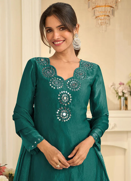 Teal Green Tora Silk Embroidered Mirror Work Thread Palazzo Suit Festive Wear