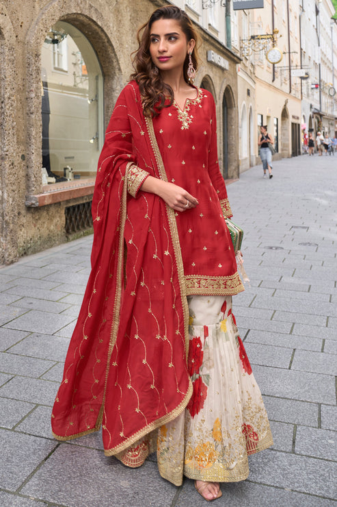 Red Embroidered Chinon Suit