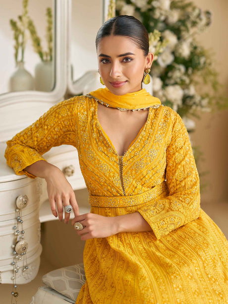Mustard Yellow Real Georgette Chikankari Anarkali Suit