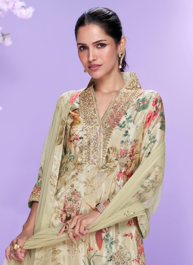Beige Floral Chinon Silk Palazzo Suit