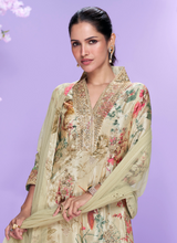 Beige Floral Chinon Silk Palazzo Suit