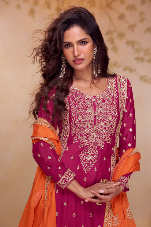Red Chinon Embroidered  Suit