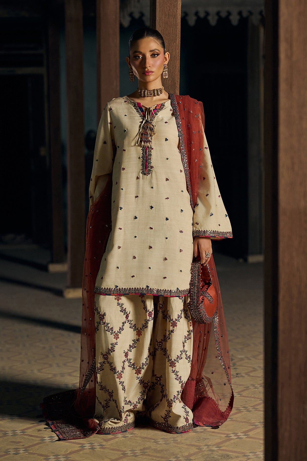 3-PC Embroidered Raw-Silk Suit By Charizma
