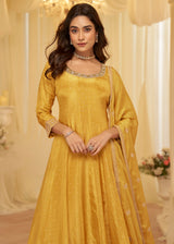 Yellow Viscose Jacquard Silk With Embroidery Work Anarkali Suit