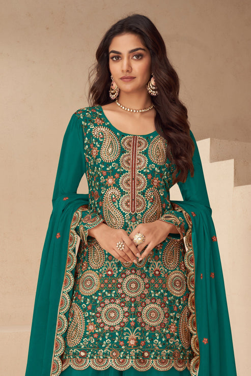 Green Embroidered Chinon Suit